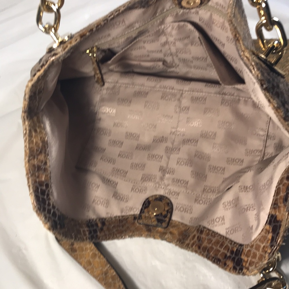 Michael Kors Brown Snake Print Leather With Heavy Gold Chain Link Tote Bag Purse - Picture 5 of 7